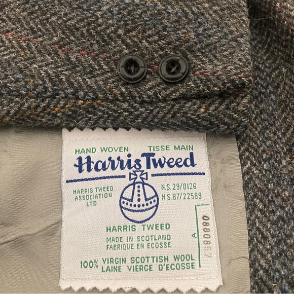 Vintage Harris Tweed Sport Coat Mens 44L Grey Herringbone Wool Blazer Jacket - Picture 1 of 15